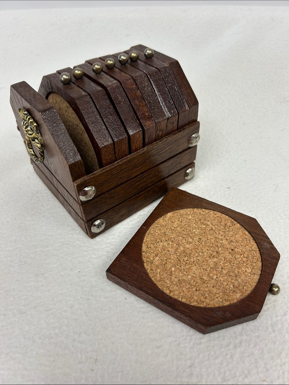 Vintage 1970’s wooden treasure chest shaped holder with 8 wood & cork coasters